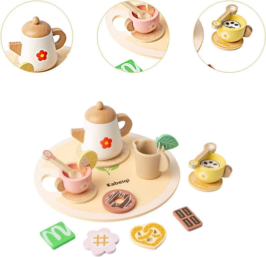 Cabecchi 12-Piece Wooden Tea Set Toy for Kids– Cute Pretend Play