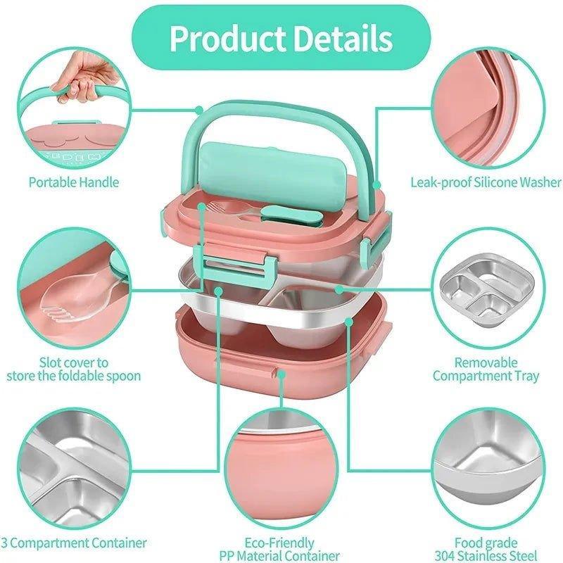 304 Portable - Stainless Steel Lunch Box with 3 Compartment for Kids - Twisoo