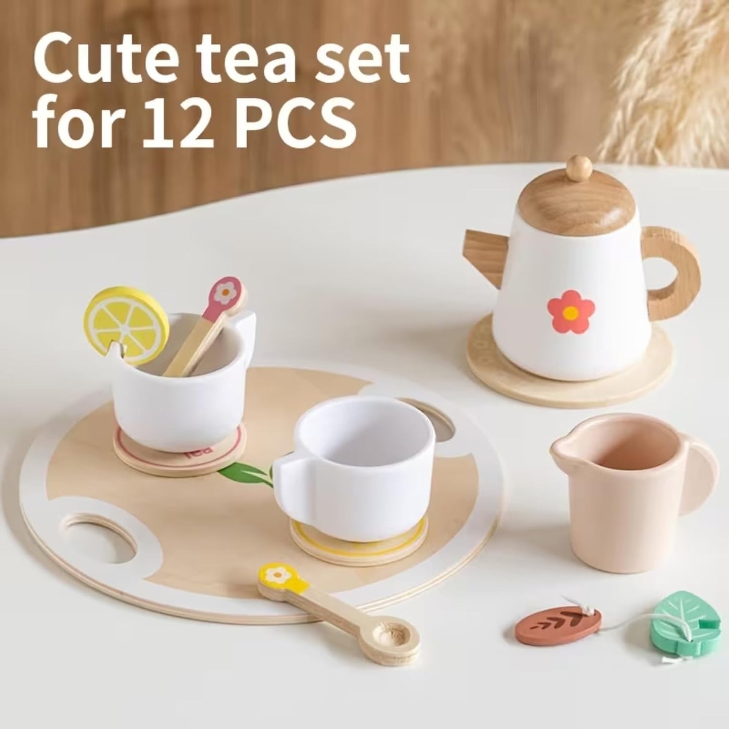 Cabecchi 12-Piece Wooden Tea Set Toy for Kids– Cute Pretend Play