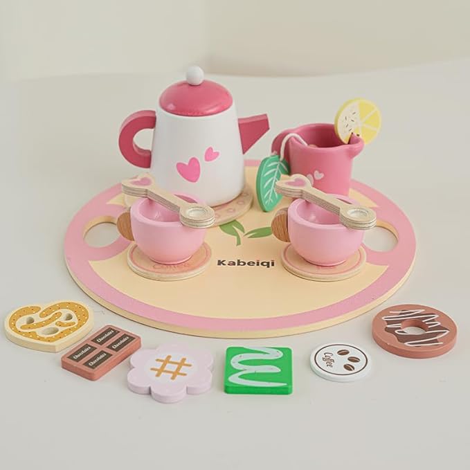 Cabecchi 12-Piece Wooden Tea Set Toy for Kids– Cute Pretend Play