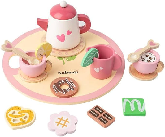 Cabecchi 12-Piece Wooden Tea Set Toy for Kids– Cute Pretend Play
